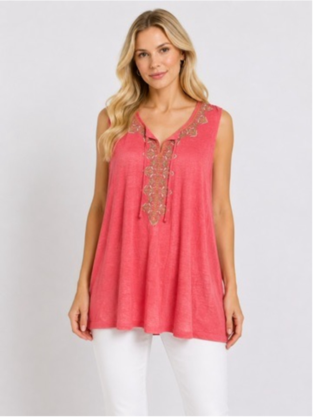 J. Jill Linen Papaya Tunic Top Coral Sleeveless Boho Embroidered Beachy Size XL - Picture 10 of 12